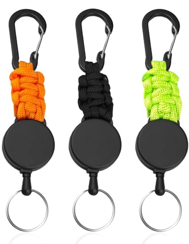 starfa lab einziehbarer Schlüsselanhänger, 3 Stück Schlüsselband Ausziehbar Schlüsselrolle halter mit 65cm Stahldrahtseil und Karabiner (Schwarz + Orange + Grün)