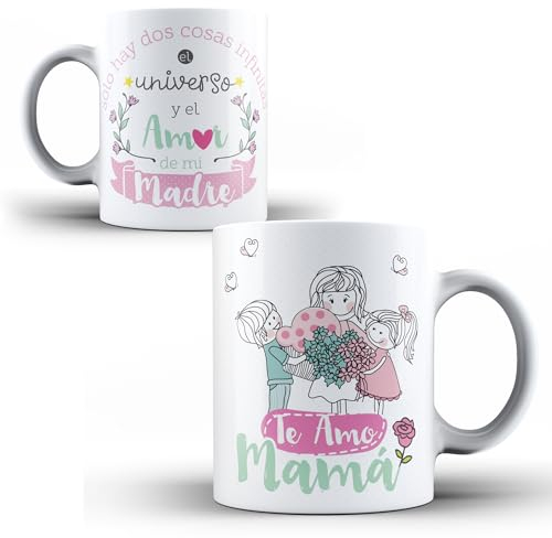 Taza para regalo del Día de la madre. Solo hay dos cosas infinitas. El universo y el amor de mi madre. De cerámica, apta para microondas y lavavajillas. 355 ml