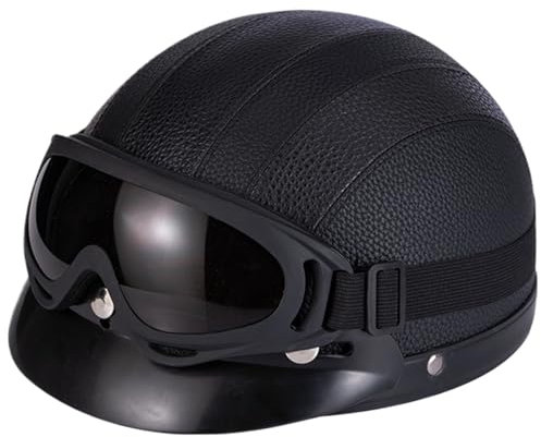 Casco a Faccia Aperta con Occhiali Marrone Chiaro retrò Mezzo elmetto per Adulti traspirato con Casco a Rilascio rapido per la Protezione del Collo Staccabile per Uomini, Media (Nero), Rilascio Rap
