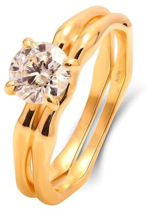 Skcess 18 Karat Gelbgold Ringe Damen Weiß Erstellter Diamant Runden, Ring Damen mit 0,5-Karat-Diamanten Aushöhlen Ringe Frauen Größe 56 (17.8)