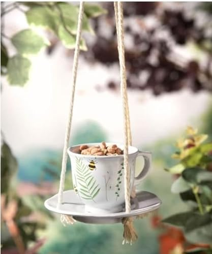 Paradise-homestore tea cup & sauces hanging Bee design bird feeder. White and green ceramic teacup and sauces bird feeder