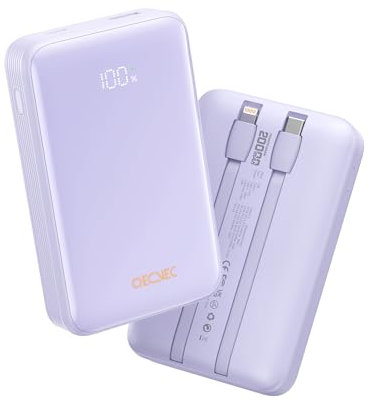 Qecvec Power Bank,Portable Charger 20000mAh with 2 Built-in Cables, 22.5w Fast Charging Battery Pack, LED Display Backup Battery, Travel Battery Pack for iPad, iphone Samsung and More (Purple)