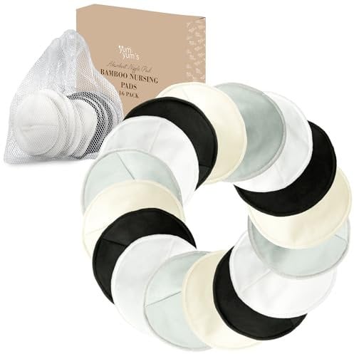 Yum Yum's Bamboo Breast Pads - 16 Pack Breast Pads Maternity - Reusable Organic Bamboo Nursing Pads - Breast feeding Essentials, Soft Ultra-Absorbent Leakproof Nipple Shields - Contoured Nipple Covers
