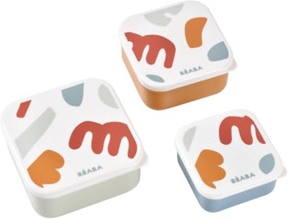 BÉABA, Set di 3 scatole per merenda per bambini e ragazzi, ideali per l'asilo nido e la scuola materna,facili da aprire e da pulire, lavabili in lavastoviglie e nel microonde,230mL/350mL/500mL,Playful