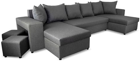 NAWSTOL Eckcouch in U-Form mit Schlaffunktion und Bettkäste - Ecksofa U für das Wohnzimmer - Schlafsofa - Couch (Hellgrau)