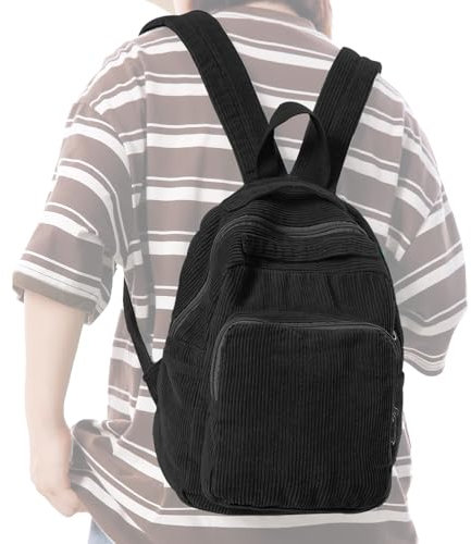 Boziee Klein Rucksack Damen Canvas Cityrucksack Rucksäcke Daypacks,Rucksackhandtaschen Kinderrucksäcke für Schule Travel Arbeit Damen Mädchen Teenager Unisex (Cord, Schwarz)