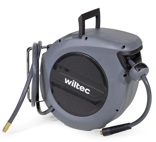 Wiltec Druckluft Schlauchtrommel 15 m, automatische Druckluftschlauchtrommel Stahl, 17 bar Drucklufttrommel, Schlauchaufroller mit 180° Halterung