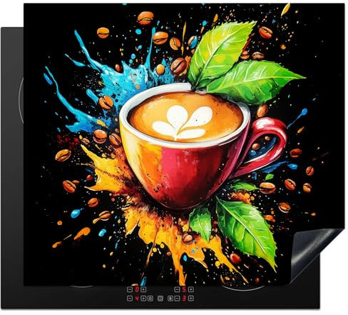 KitchenYeah© Herdabdeckplatte 60x52 cm Einteilig Herdabdeckung Abdeckplatte für Ceranfeld Abdeckung Induktionskochfeld Aufrollbare Matte Kaffee - Graffiti - Getränk - Abstrakt