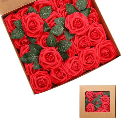 FOGARI Lot de 30 roses artificielles décoratives avec tiges et carte - Avec tige - Pour mariage, maison, fête, fête prénatale, Saint-Valentin - Rouge
