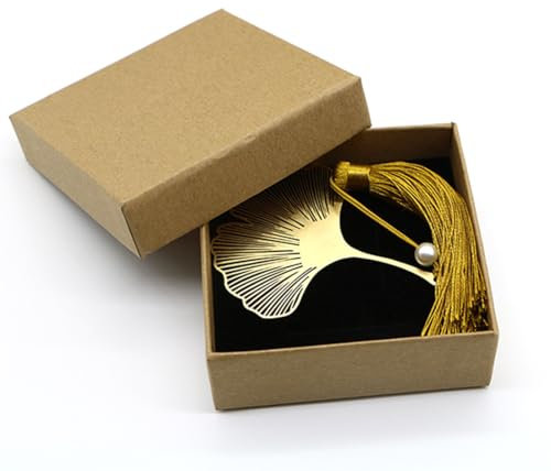 Bangbobi Lesezeichen Metall Ginkgo mit Quaste - Edles Bookmark für Buchliebhaber - Metallisches Lesezeichen in der Größe eines echten Ginkgo-Blatts - Goldenes Metall Lesezeichen