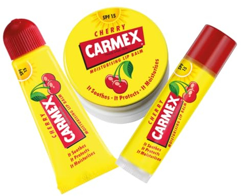 Carmex Cherry Lip Balm Set – Hydrating Summer Lip Care with SPF 15 | Stick, Pot & Tube | Smooth & Soothe Lips All Season | Travel-Friendly (3-Pack)