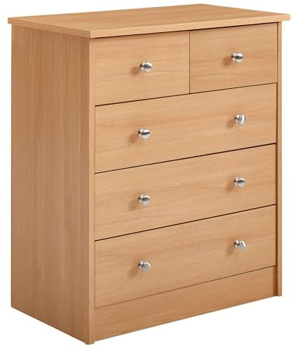 Design Holz-Kommode 60 x 70 x 35 cm buche mit 5 Schubladen | Mehrzweckanrichte flach für Flur | Modernes Sideboard Zeitlose Anrichte