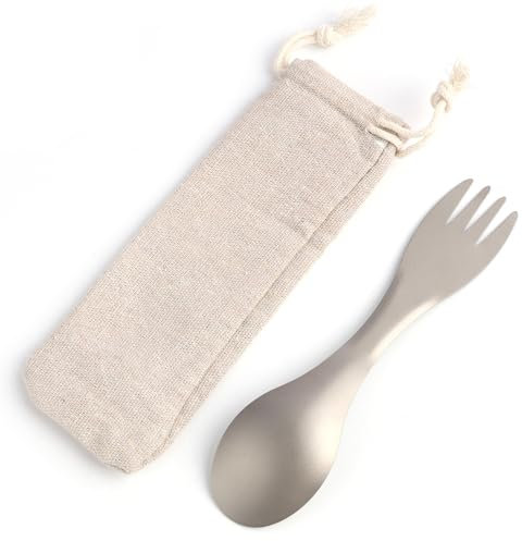 Posata da Campeggio 2 in 1 in Titanio, Forchetta da Campeggio e Cucchiaio da Campeggio All-in-One con Custodia, Posate da Campeggio Riutilizzabili per Trekking, Picnic, Escursionismo e Viaggio