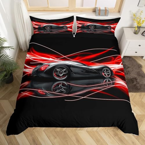 Homemissing Teenager Junge Bettwäsche Set 135x200cm Sportwagen Cars Bettbezug Rennwagen Betten Weich Extreme Sport Thema Bettwäsche-Set Schwarz Rot
