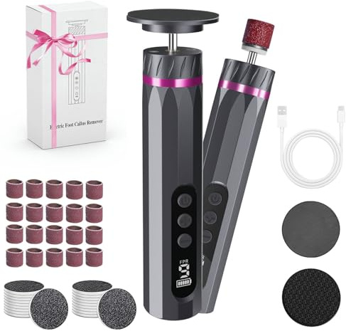 Bostar Hornhautentferner Elektrisch 9 Gear, 3 in 1 Professionell Hornhaut Entfernen Fußpflege Nagelpflege Pediküre Set mit LED-Anzeige/2 Nano Glas/40 Ersatzpad für Tote Harte Haut Frauen (Grau)