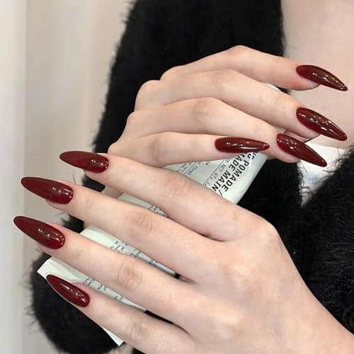 Clawrex Press on Nails Lange, 24 Stück Burgundy Almond Nägel zum Aufkleben, Full Cover Fingernägel Mit Nagelkleber, Soft Gel Fake Nails für Frauen, Künstliche Nagel Nail Art, Einfache Bedienung