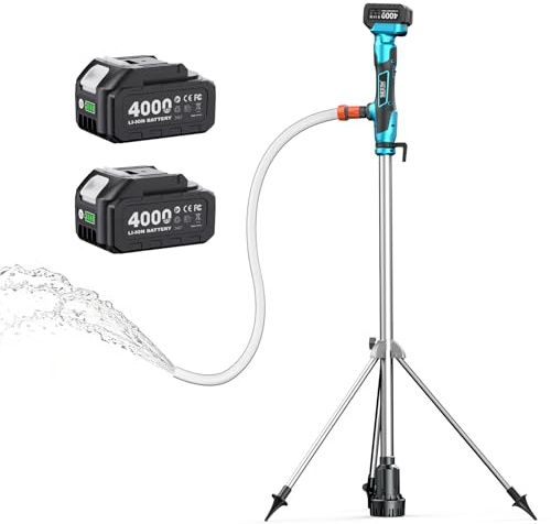 SEESII Cordless Stick Water Transfer Pump with Hands-Free Tripod | 2725 L/h & 5 m Lift, 2×4.0Ah Batteries, 3-Piece Detachable Shaft, for Pool/Hot Tub/Rain Barrel Draining & Garden Irrigation