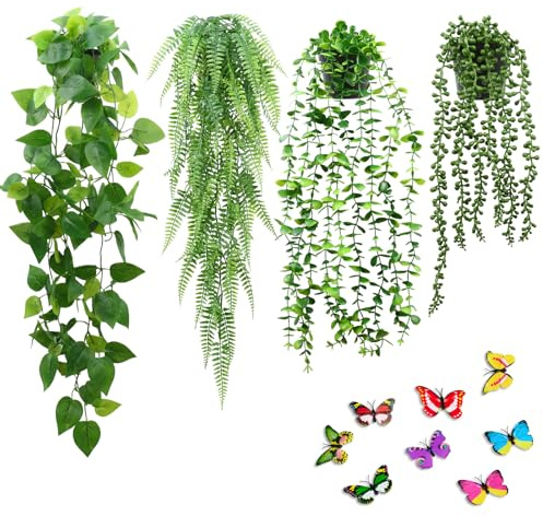 Otopone Artificial Hanging Plant, 4 Pack Fake Plants in Pots | Artificial Plants Indoor with 8 Butterflies, Bedroom Accessories for Shelves, Living Rooms, Bathrooms and Offices.