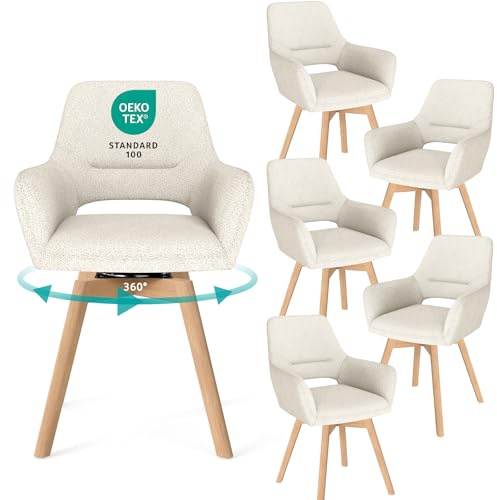 WAFTING 360° Esszimmerstühle Drehbar 6er Set mit Armlehnen, Buchenbeinen | Polsterstühle, Drehstuhl Esszimmer, Küchenstuhl Drehbar, für Wohnzimmer, Schlafzimmer, Arbeitszimmer, Empfangszimmer, Beige