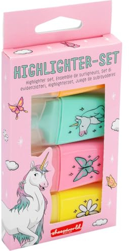 Sheepworld Highlighter-Set Motiv Einhorn | Geschenkset, 4 kleine Textmarker in pastelligen Farben, in Geschenkbox | Geschenk für Mädchen, Kindergeburtstag, Schule, Basteln | 74914