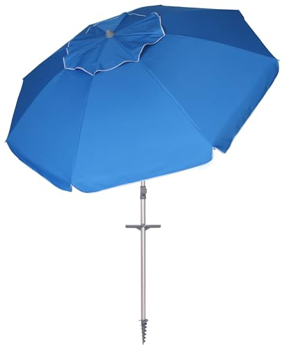 EffeDecor Ombrellone da Spiaggia Soffietto Antivento Ø 220cm Palo Inclinabile in Alluminio e Telo in Poliestere Azzurro Con Trivella in Plastica e Sacca Trasporto Protezione UV