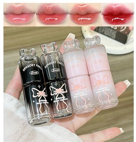 4-Farben-Set Mit Feuchtigkeitsspendendem Lipgloss, Mirror Lip Glaze Mit Niedlicher Schleife Jelly Wayery Lipgloss Für Frauen Natürlicher Strahlender Glänzender Lip Gloss Flüssiger Lippenstift