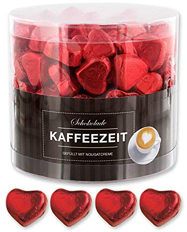 Günthart Dose mit 150 ROT Schokolade Herzen Kaffeezeit |Pralinen Herzen gefüllt mit Nougat Creme, 1er Pack (1 x 1.2 kg)