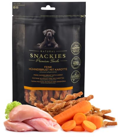 SNACKIES Feine Hühnerbrust mit Karotte 80g Premium Snacks für Hunde, ohne Zusatz von Getreide, Zucker, Farb-, Aroma- und Konservierungsstoffe, schonend luftgetrocknete Leckerli