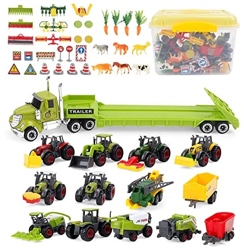 deAO 31 Stück Bauernhof Spielzeug, Druckguss Auto Set Inkl. Mähdrescher Spielzeug Set|Traktor Mit Anhänger|Farm Animals und weiteres Zubehör