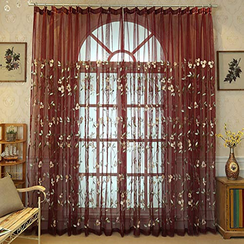 Lsimeru Rot Vintage Vorhang Transparent Kräuselband Gardinen Durchsichtig Romantisch Blumenmuster Voile Vorhänge Schlafzimmer Wohnzimmer Dekoschal,2er Set 140x225