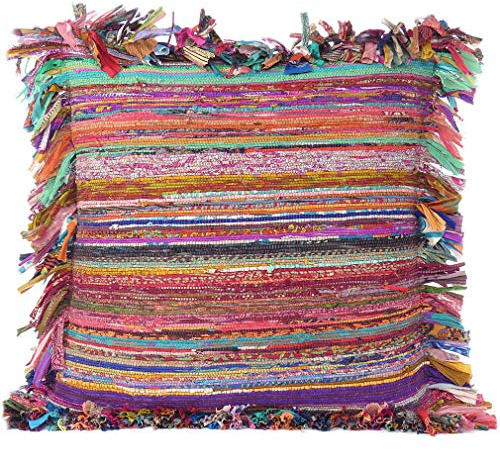 Eyes of India - 24 Big Burgundy Red Chindi Rag Rug Sofa Cushion Cover Case Decorative Pillow Throw Couch Colorful Boho Chic Seating Indian Bohemian Accent Handmade Cover ONLY