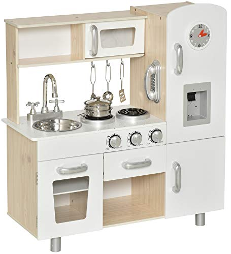 HOMCOM Cuisine Bois Jeu d'imitation - Cuisine Enfant - Nombreux Accessoires & rangements Inclus - MDF pin Blanc chêne Clair