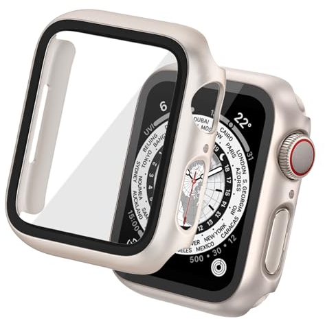 Tuocal 2 Stück Hard Hülle Kompatibel mit Apple Watch Series 9, 8, 7 45mm HD PC Vollständige Abdeckung Schutz mit Schutzfolie Cover Case Glas Schutzhülle für iWatch 45mm, Sternenlicht