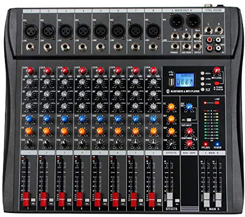Depusheng DX8 Mezclador profesional Consola de placa de sonido Interfaz de sistema de escritorio de 8 canales Entrada digital USB MP3 48V Phantom Power Estéreo DJ Studio FX Chasis de acero