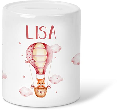 GRAVURZEILE Spardose für Kinder - Ballon Fuchs Design - mit Namen personalisiert - Geschenk für Jungen & Mädchen zum Geburtstag Kommunion Geburt Einschulung Weihnachten - Farbe: Spardose Rot