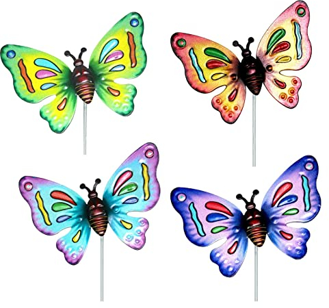 Luckxing 4Stk Schmetterlinge Deko Garten Ornamente, Metall Bunte Schmetterlinge Blumenstecker Für Grab/Pflanze/Hof/Garten Sommerhäuser/Dekoration, Feen Garten Zubehör