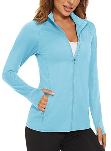 MAGCOMSEN Women's UPF 50+ Sun Protection Shirts Long Sleeve Zip Tops Quick Dry Work Casual T-Shirt Sports Yoga Outdoor Light Blue