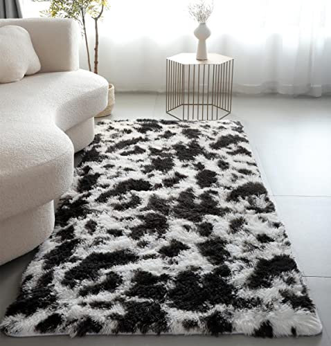 LYKEJI Flauschiger Teppich Schlafzimmer Dekoration - Shaggy Langflor Weich Rutschfest für Wohnzimmer (Schwarz-Weiss, 80X120CM)