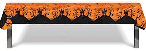 Orange Bat Tree Pattern Halloween Tablecloth, 130x220cm, Disposable Plastic Table Cover for Indoor/Outdoor Parties