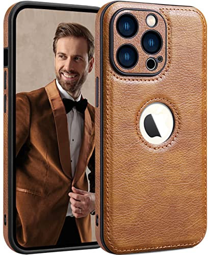 SOUTEM Custodia in pelle PU per iPhone 14 Pro,Cover di Protezione per L'obiettivo della Fotocamera,PU Pelle Sottile Lusso Business Antiscivolo Grip Rugged Antiurto Pieno Protettivo Case(Marrone)