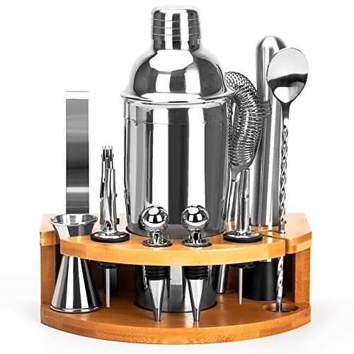 Shaker Cocktail Kit, Set Barman Cocktail en Acier Inoxydable de 12 Pièces, Shaker à Cocktail de 750 ML, Kit Cocktail de Barman avec Support en Bois pour Maison ou Le Bar