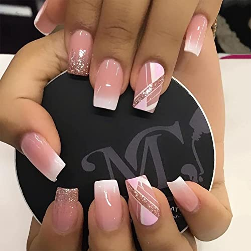 TMUT 24pcs Square Glitter Stick-on Press-on Nails - Rose Gold Removable Glue-on Fake Nails - Nail Art Accessories, 1 ml