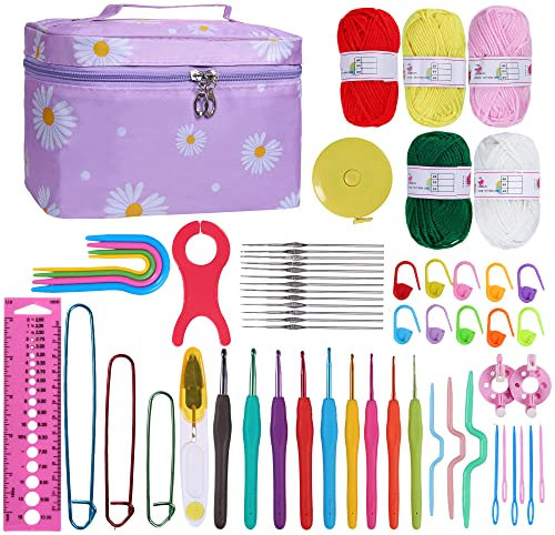 HCSSZ Crochet Kits for Beginners Adults Kids,59pcs with 0.6mm-6mm Ergonomic Metal Crochet Hooks,Wool Yarn Needles Knitting Accessories and Storage Bag,Crochet Starter Set (Purple)