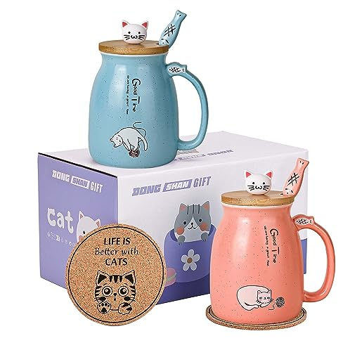 Cat Mugs Set of 2 Cute Cat Tea Cup Ceramic Coffee Mug with Kawaii Lid and Spoon Cute Mugs for Women Girls Cat Lovers 15oz/500ml Christmas Birthday Cat Gift Mug(2 Pack Blue and Pink)