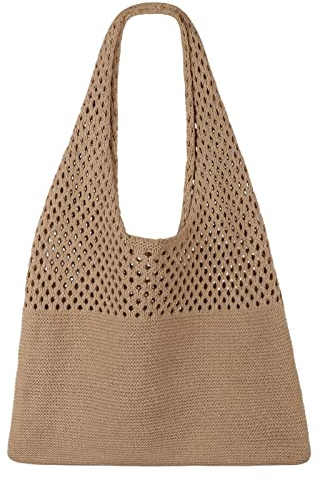 SUOSDEY gehäkelte Mesh Strand Tote Bag, Sommer Urlaub Ästhetische Strick Boho Umhängetasche für Frauen braun