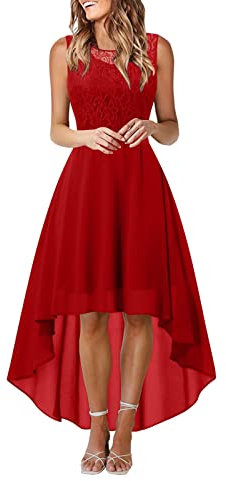 Robe en Dentelle pour Femme Soirée Cocktail Bal High Low Jupe Asymétrique en de sans Manche pour Mariage avec Ceinture obe De Soiree Grande Taille Club Dress Chic Et Glamour Courtes Robes