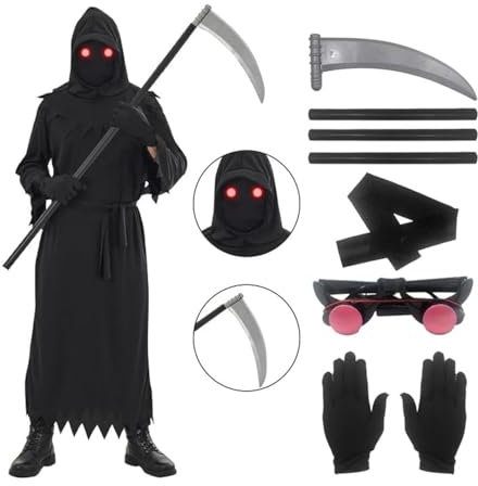 Udekit Costume de Cosplay de Carnaval d'Halloween de Faucheuse avec Faux de la Mort, Gants, des Lunettes Lumineuses et un Masque pour Adultes Grand