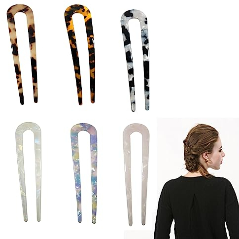 Molyorch 6 Pezzo Capelli Bastoncini Forchetta Perno, Forcine Acetato di Cellulosa Forcine, Semplici Forcine a Forma U, per Panino Donna, Vintage Accessori Acconciature (Larghi)