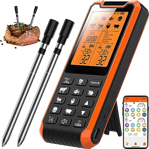 Termómetro para Carne Inalámbrico con Temporizador y Función de Alarma, Distancia de Señal Bluetooth de 210 m, 2 Piezas Termómetro para Carne IP67 Termómetro para Asar a Prueba de Agua