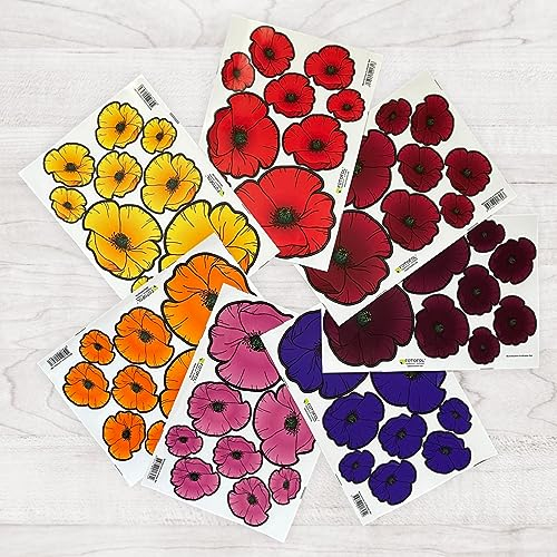 Mohnblumen Aufkleber Set- für Auto, Fahrzeuge, Roller, Moped, Motorrad-Helm, Fahrrad, Laptop, Smartphone - Kühlschrank, Möbel, Mülltonne (7er Pack - 7 Farben)